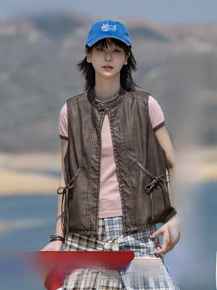 

Женский летний жилет из шифона и кожи в японском ретро-стиле для многослойных образов