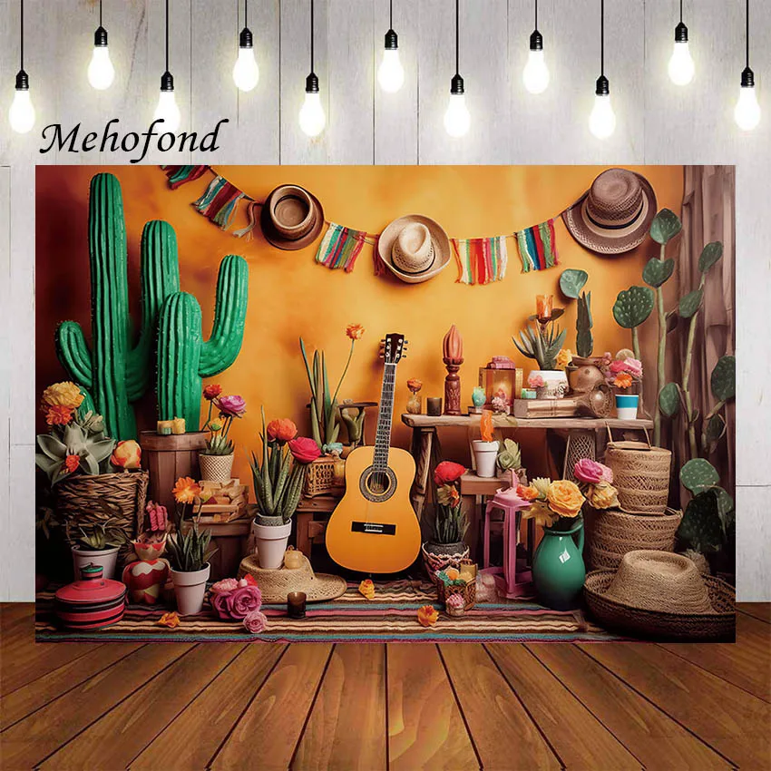 Mehofond Photography Background Mexican Western Cactus Guitar Floral Kids Birthday Party Cake Smash Decor Backdrop Photo Studio