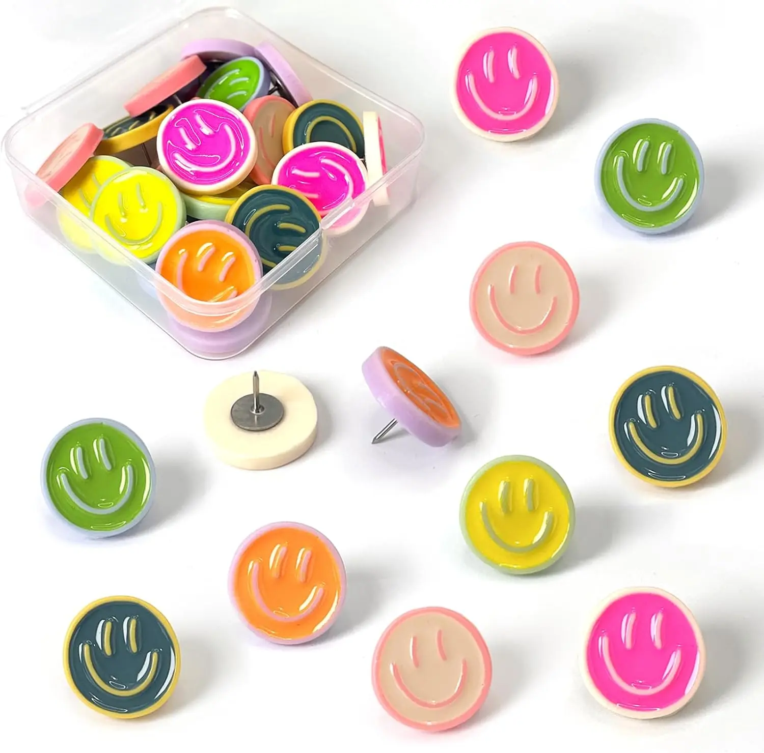

24 Smiley Face Decorative Push Pins, Cute Thumbtacks for Cork Boards, Office & Home, 6 Colors