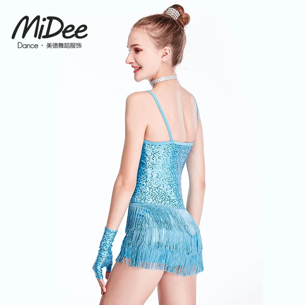 MiDee Latin Dance Dress Women Competition Shiny Sequin Sexy Tassel Leotard Dancewear Salsa Cha-cha Rumba Costume Girl Children
