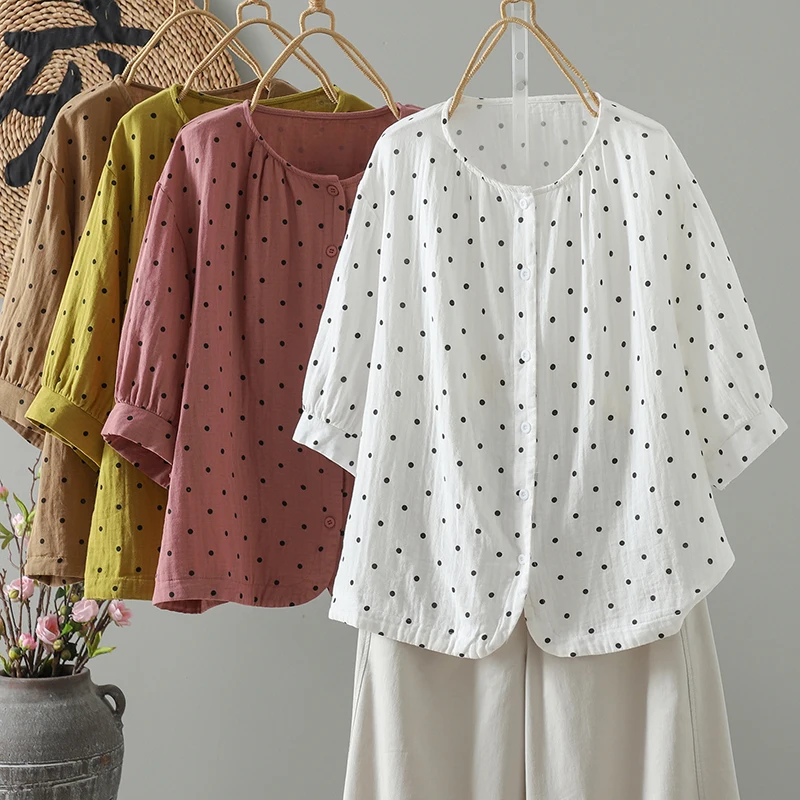 

New plus Size Women's Shirt Summer Cotton Linen round Neck Half Sleeve Polka Dot Outerwear Top Comfortable Breathable Commute...