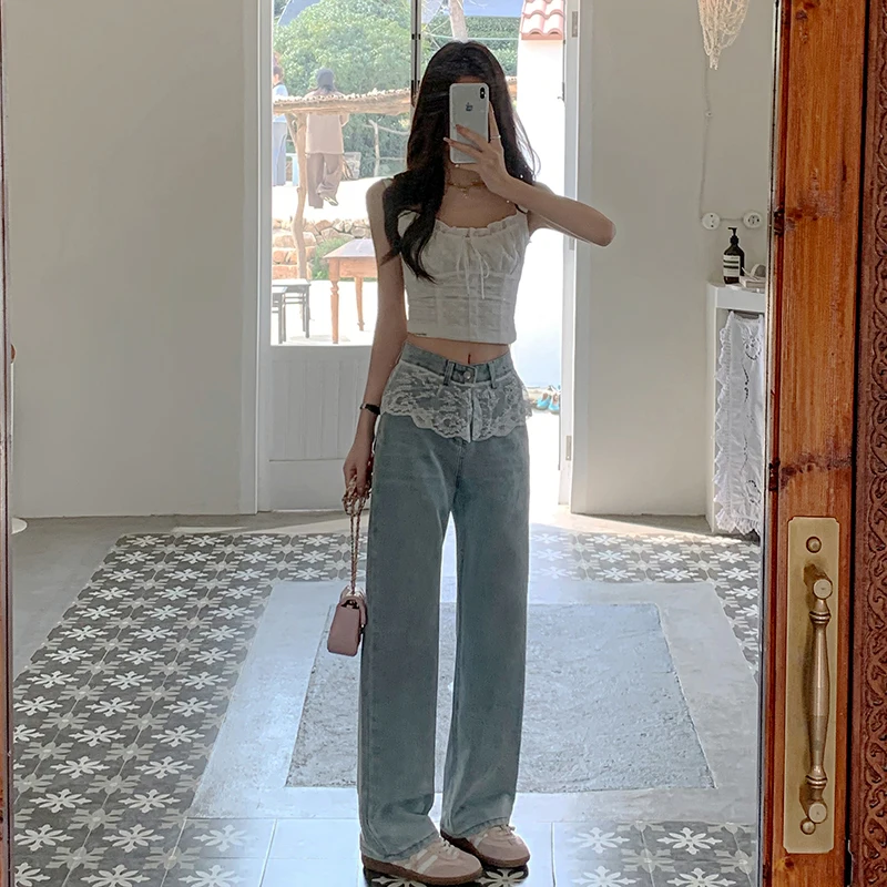 2025 Spring New Lace Patchwork Fake Two-Piece Jeans for Women, Light Washed Wide-Leg Loose Floor-Length Pants