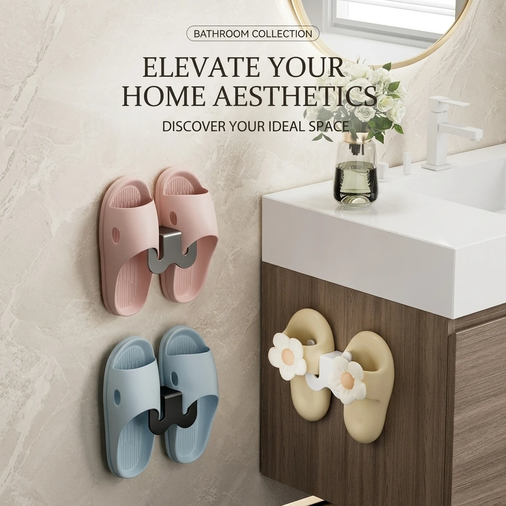 Non Perforated Simple Shoe Storage Rack Bathroom Door with Drainage on The Back Wall Bathroom Slipper Rack Wall Mounted Hook