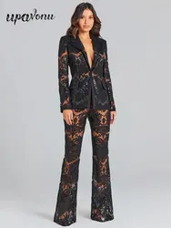 Sexy Herfst Dames Pailletten Pak Broek Set Met Polokraag Lange Mouwen Slim Fit Pak Jas + Flare Broek Tweedelige Set