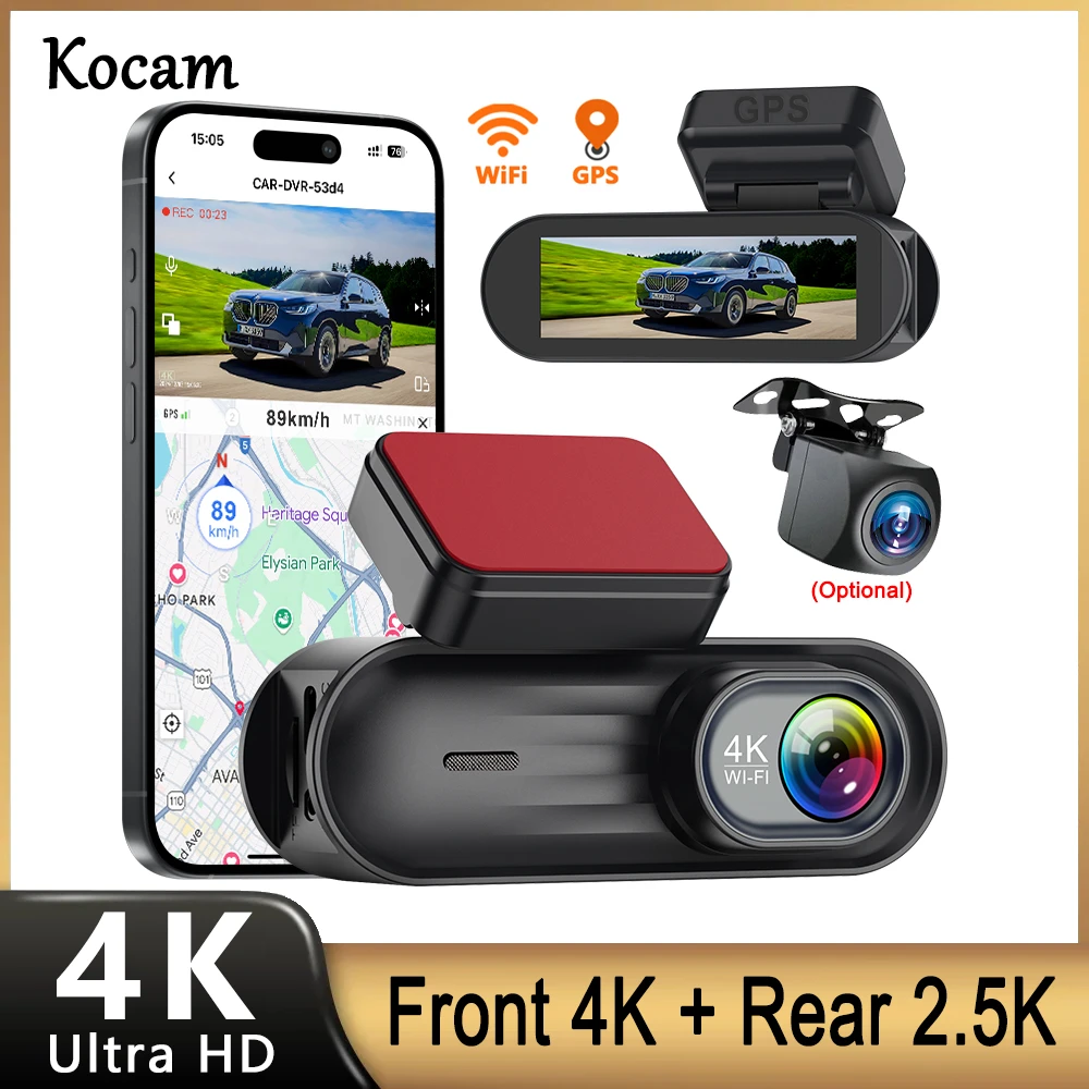 Kocam WiFi Dash Cam 4K Front Car Camera DVR Night Vision Video Recorder 2.5K Rear View Camera GPS 24H Rear View Camera Optional