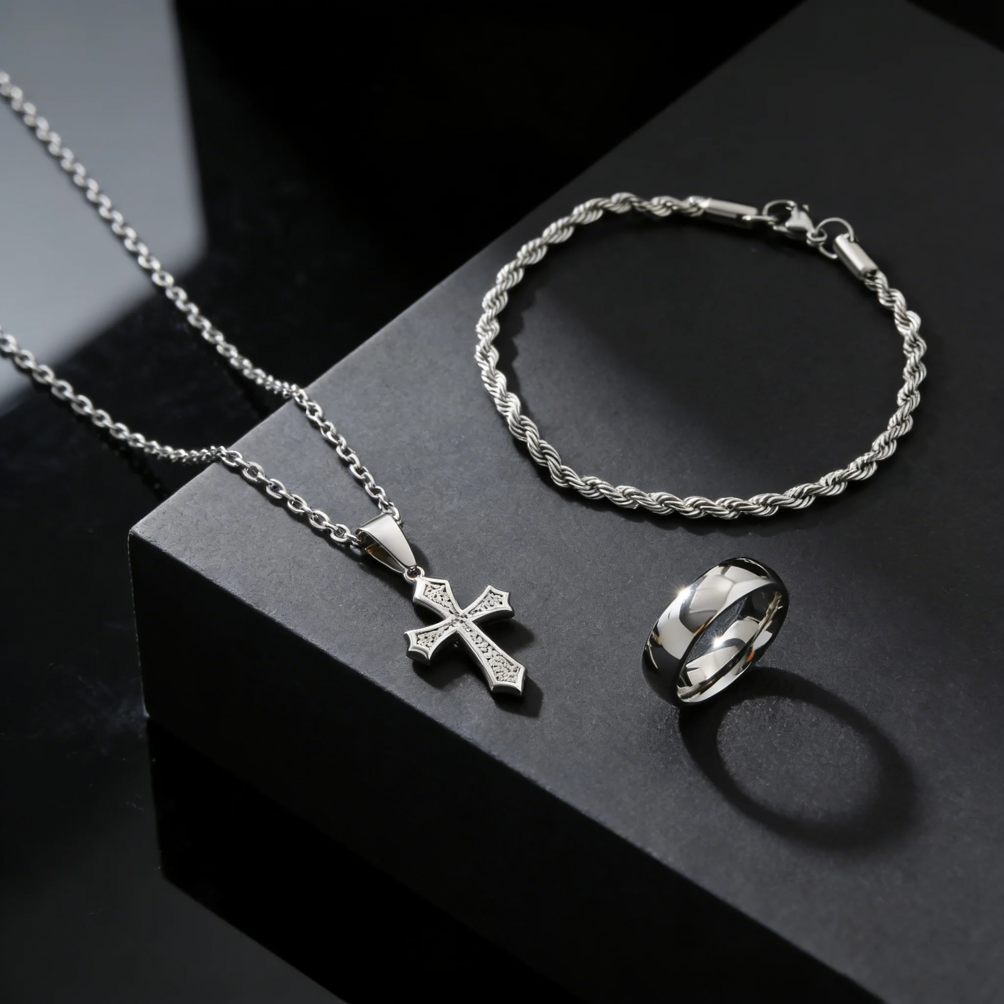 Men's 3pcs Set Stainless Steel Jewelry for Men, Cross Pendant Necklace Bracelet Ring Combo, Hip Hop Daily Wear Accessories