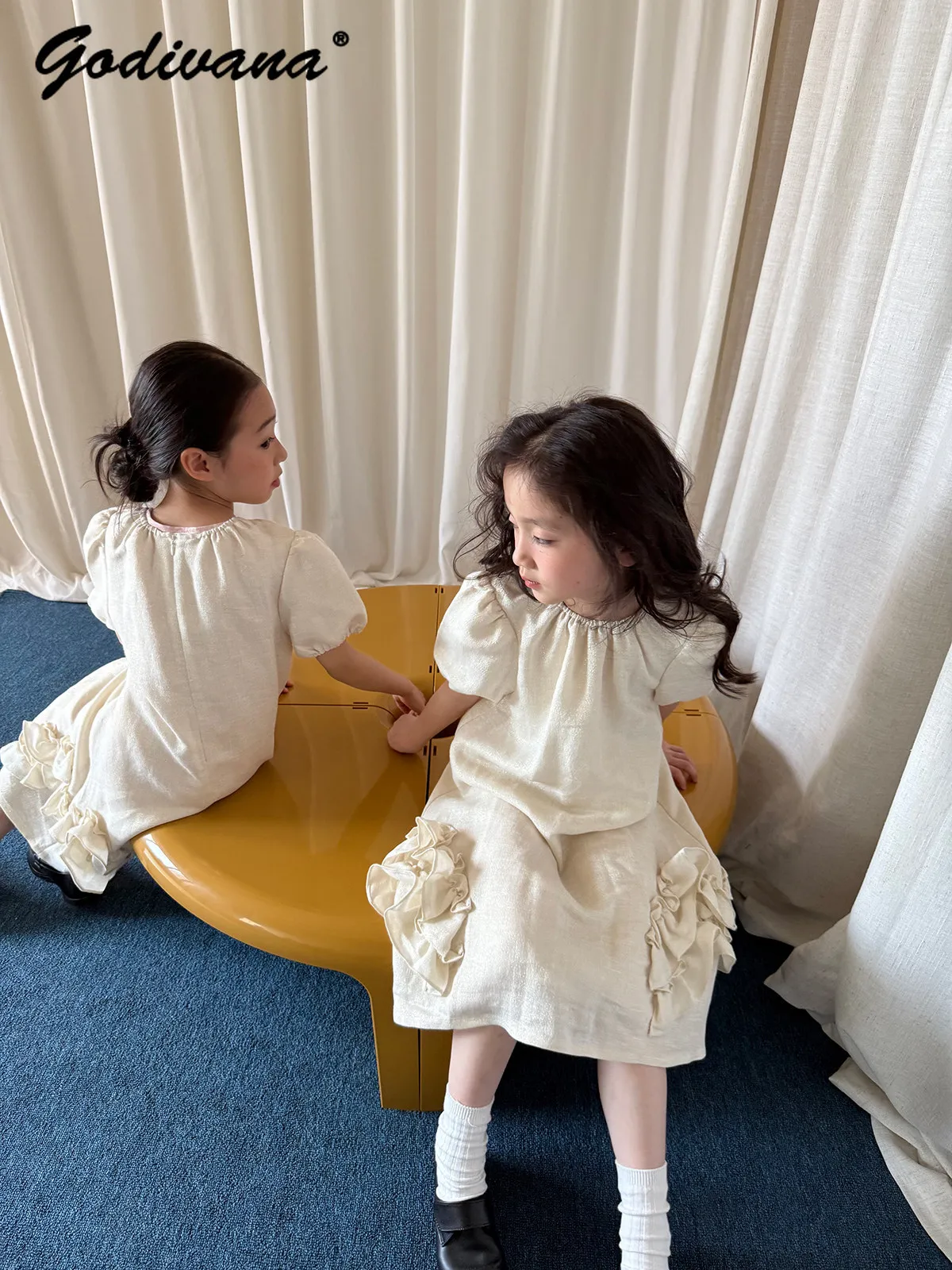 

Cute and Sweet Baby Girls Soft Tencel Linen Class A Puff Sleeve Summer New Dress Kids Loose Breathable O-neck Ruffle Trim Dress