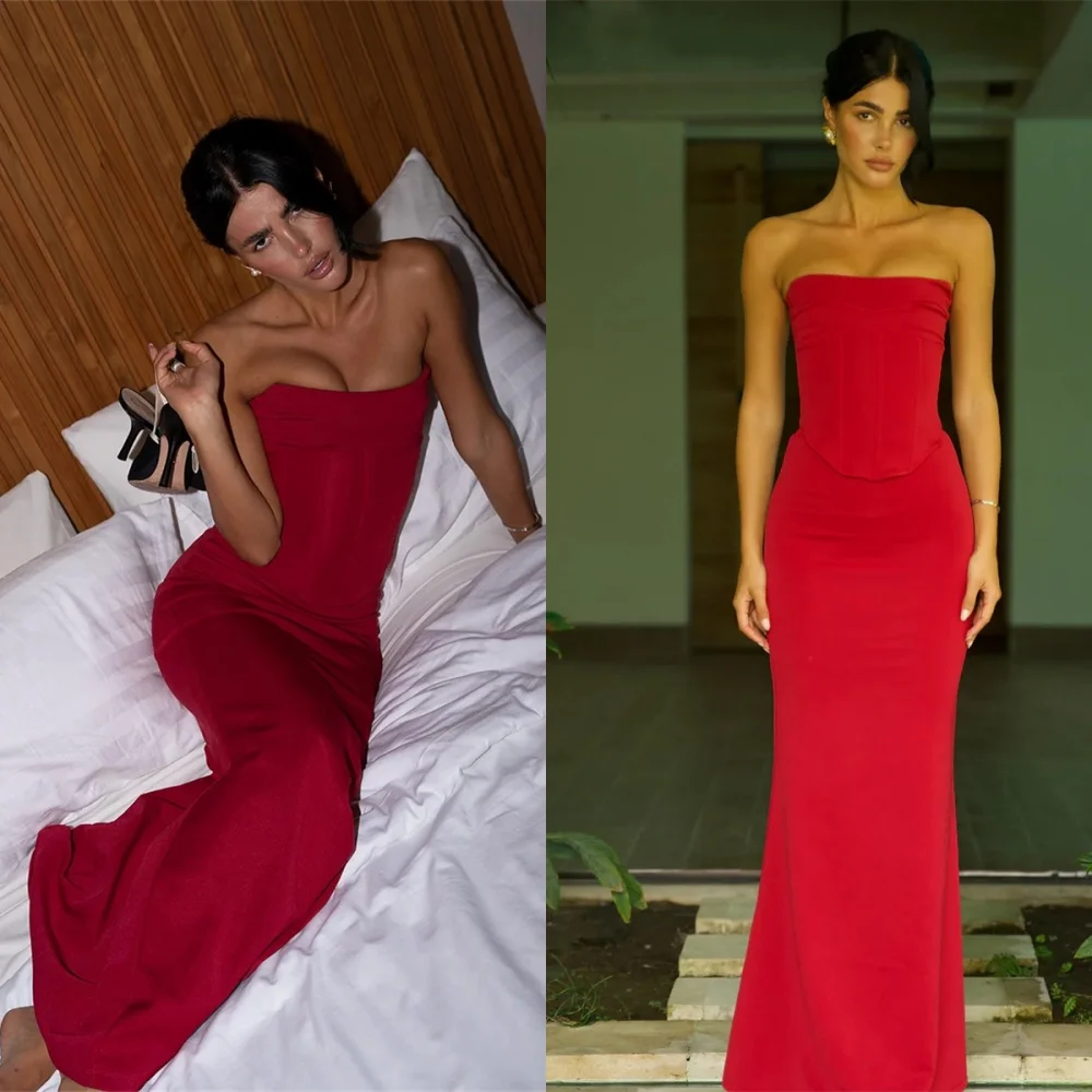 

Customized Classic Red Jersey Evening Dress Elegant Strapless Sleeveless Cocktail Dress High Quality Special Occasion Gowns