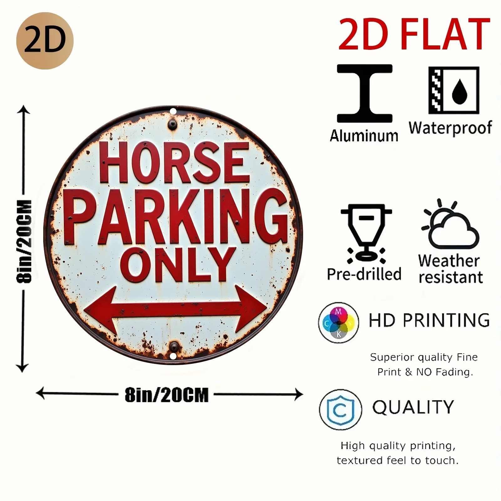 Retro round metal sign, featuring a horse theme, is perfect for decorating family parking lots, barns or stables.