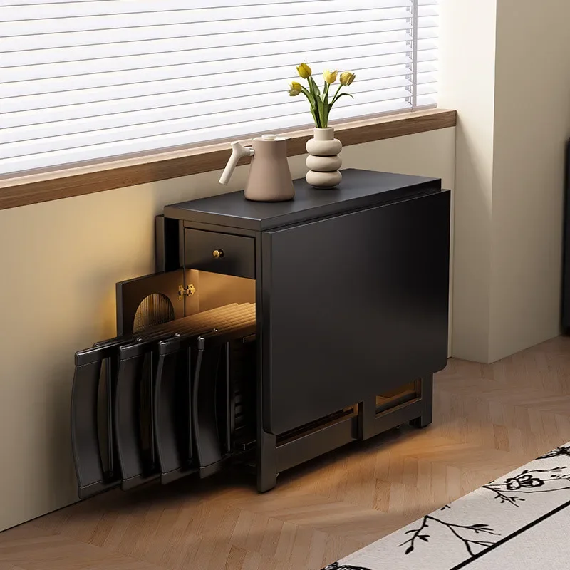 Black retro all solid wood folding dining table household modern light luxury rectangular retractable invisible small apartment