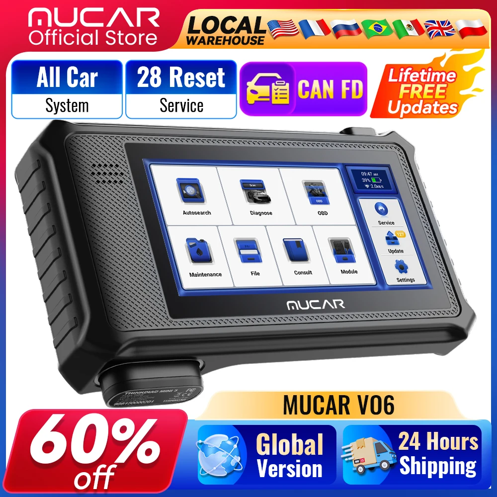 Atualização gratuita vitalícia MUCAR VO6 OBD2 Scanner Todos os sistemas de diagnóstico 28 Reinicialização automática VIN EPB/BMS/SAS/ABS Preço para todos os carros