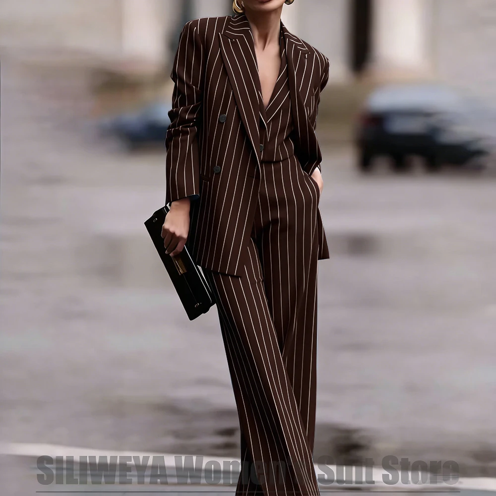 Navy Women's Striped 3 Piece Suit Double Breasted Blazer Vest Wide-Leg Pants Set Fashion Formal Party Office Casual Outfit