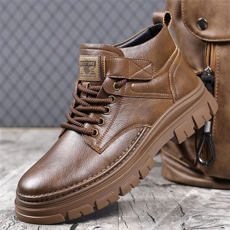 Men Cotton Shoes Plus Fleece Thick Casual Sports Shoes Men's High Top Leather Shoes Lace-up Ankle Boots Comfy Office Work Shoes