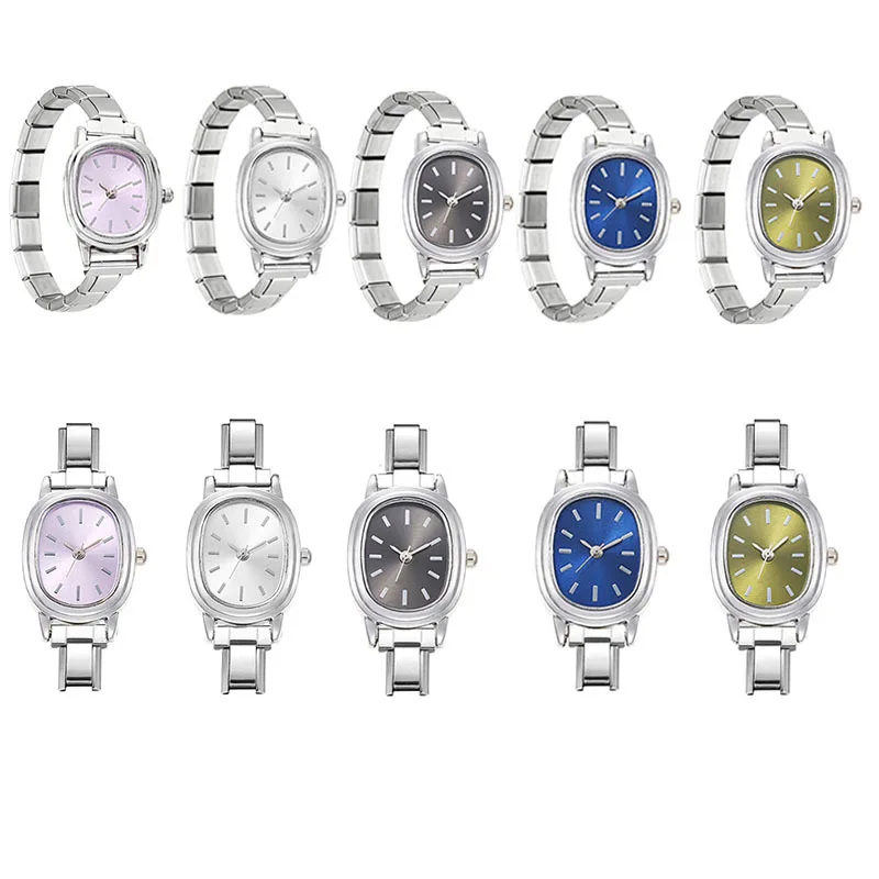 Ins Simple Small Oval Modular Watch Polished Silver Steel Band DIY Splicing Link Bracelet Multicolor Sunburst Dial Daily Fashion