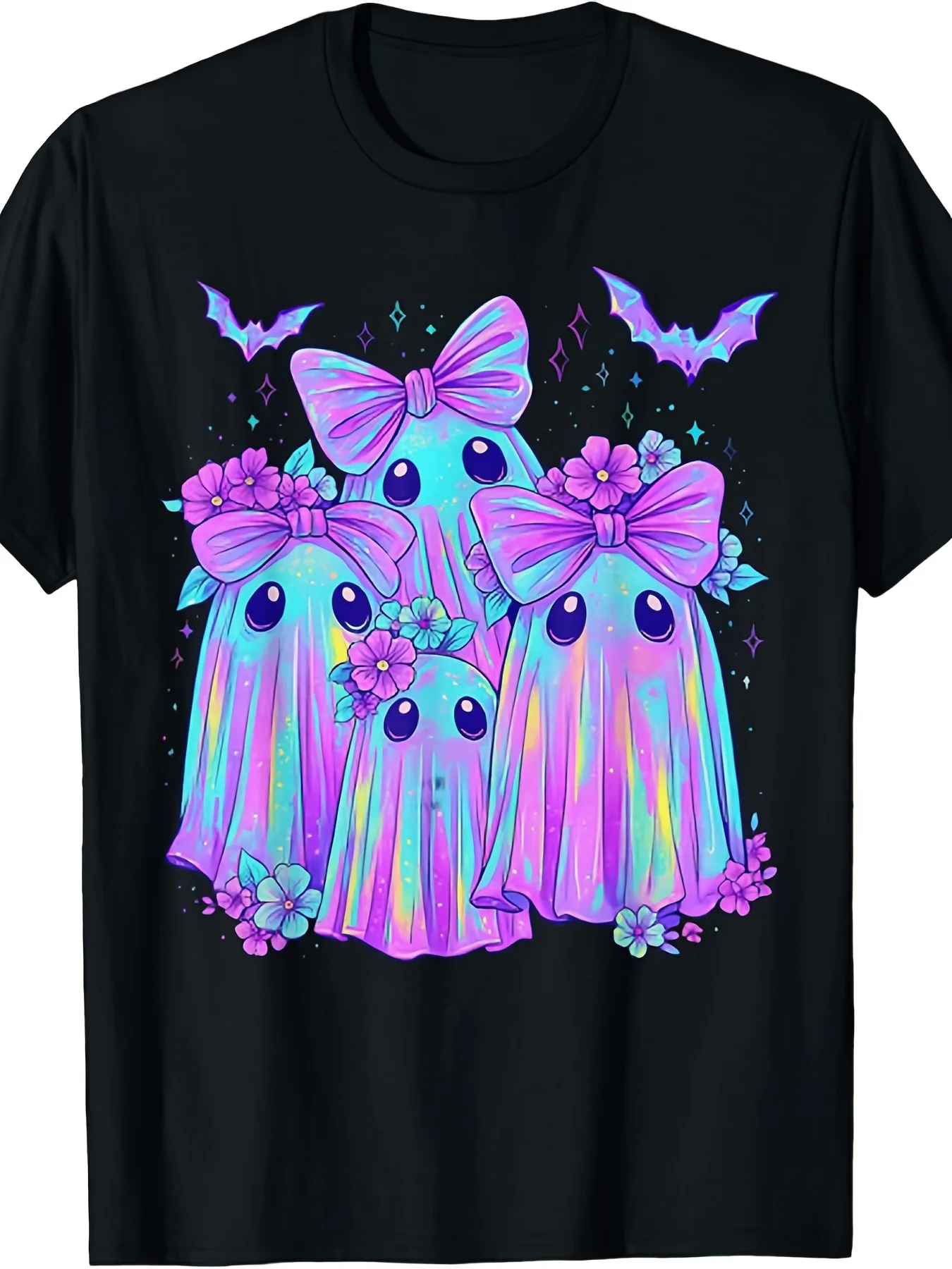 2026 New Women's Halloween Tee Neon Bow Ghost Floral Bat Print Crew Neck Loose Short Sleeve Top Festival Holiday Fashion Clothes