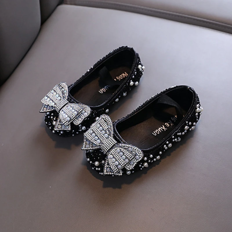 AINYFU New Kids Pearl Party Shoes Baby Girl Leather Shoes Children Rhinestone Bow Princess Shoes Breathable Wedding Shoes J315