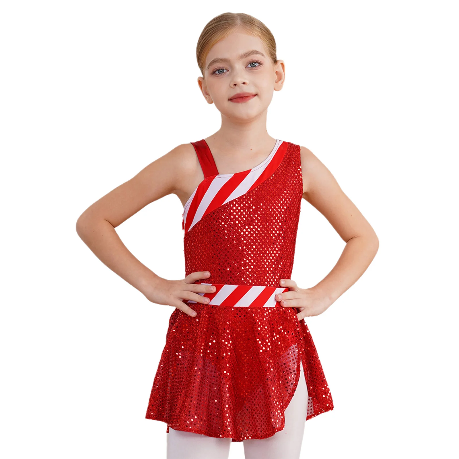 Kids Girls Ballet Dance Dress Gymnastics Leotard Bodysuit Christmas Xmas Elf Candy Cane Costume Santa Figure Skating Dancewear