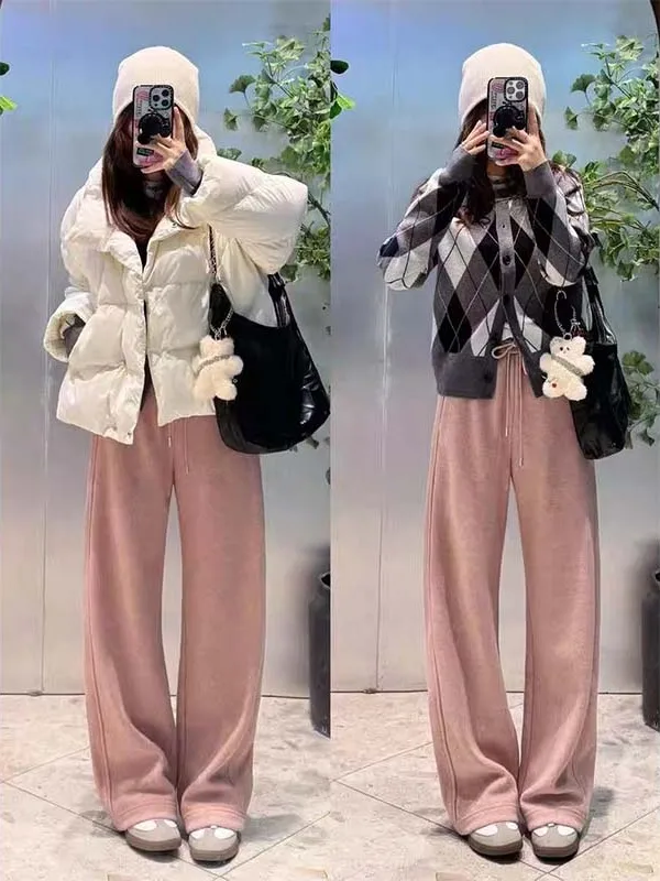 Pantaloni a gamba dritta da donna retrò americano rosa Thiened Fce autunno inverno caldo dimagrante confortevole elastico in vita lungo Tr...