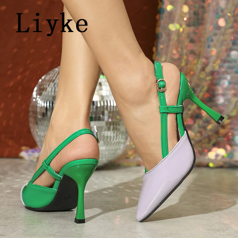 Liyke Street Style Sexy Pointed Toe Back Buckle Strap Women Pumps Stripper Sandals Slingback High Heels Mules Female Shoes