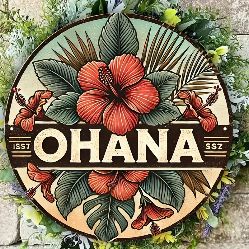 2D Flat, Vintage "Ohana" Aluminum Sign - 20.32x20.32 cm Round Tropical Floral & Bird Design, Hawaiian-Themed Wall Art for Home &
