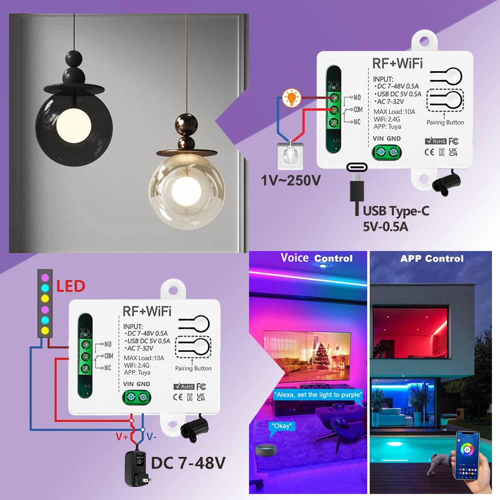 Inteligentny domowy bezprzewodowy pilot WiFi RF do sterowania światłem, przekaźnik z suchym stykiem DC 12V 24V do uniwersalnego zamka elektronicznego drzwi garażowych — zdjęcie produktu 6