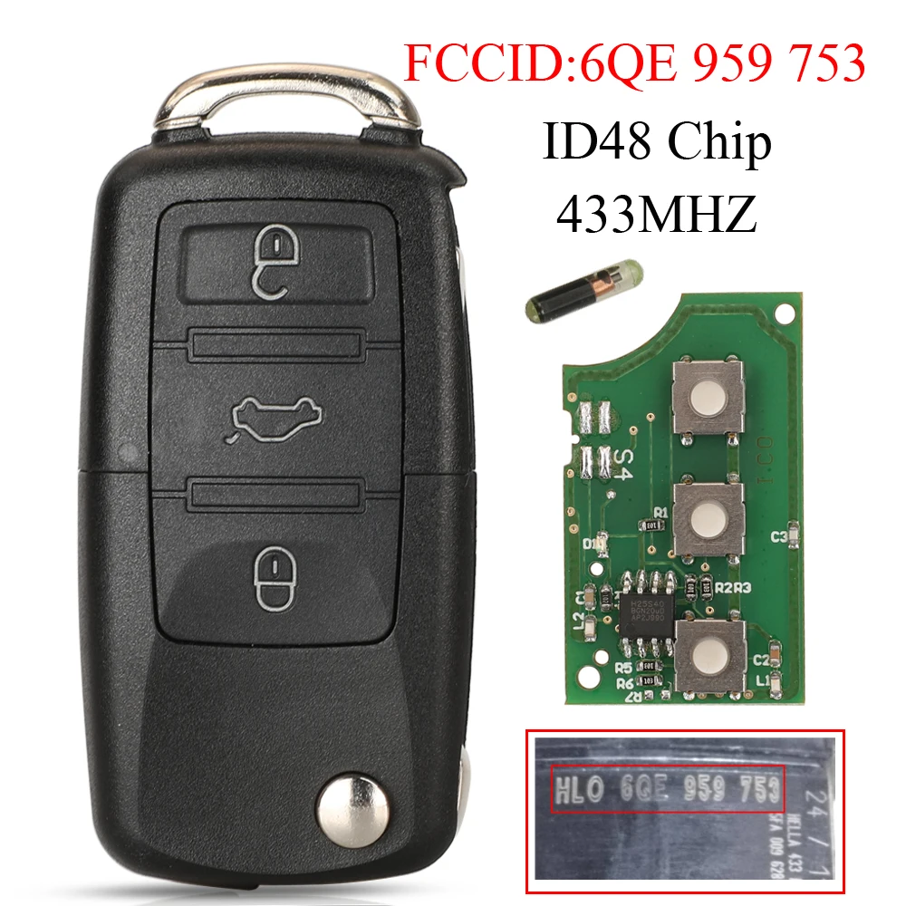 jingyuqin 6QE 959 753 3 Button 434MHz ID48 Chip Upgraded Folding Remote Key Fob For Volkswagen Fox Gol Sharan Saveiro 6QE959753