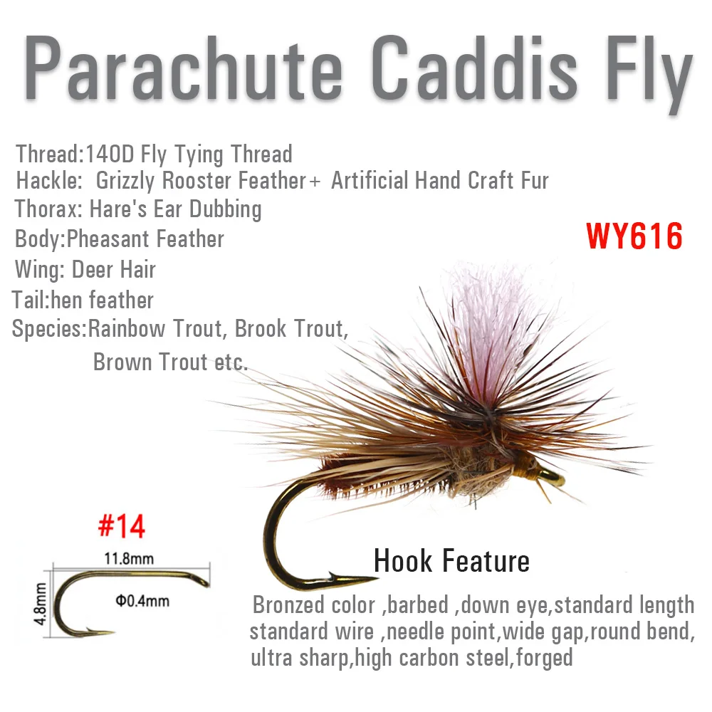 Vtwins 14# Top Ten Parachute Caddis Quintessential Dry Fly Parachute Adams Rainbow Trout Lure Fly Fishing Lures Trout Flies