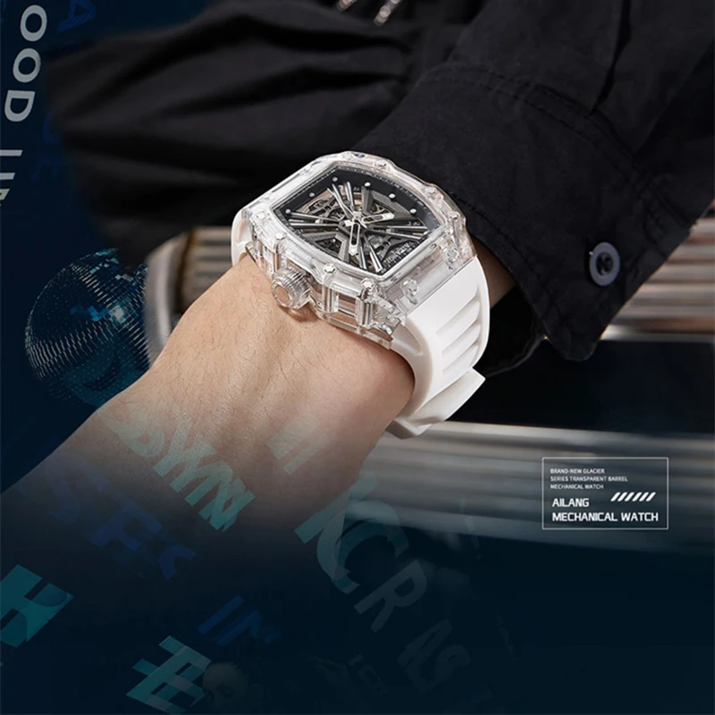 AILANG Brand Sport Skeleton Mechanical Watch for Men Silicone Strap Waterproof Luminous Fashion Automatic Hollow Watches Mens