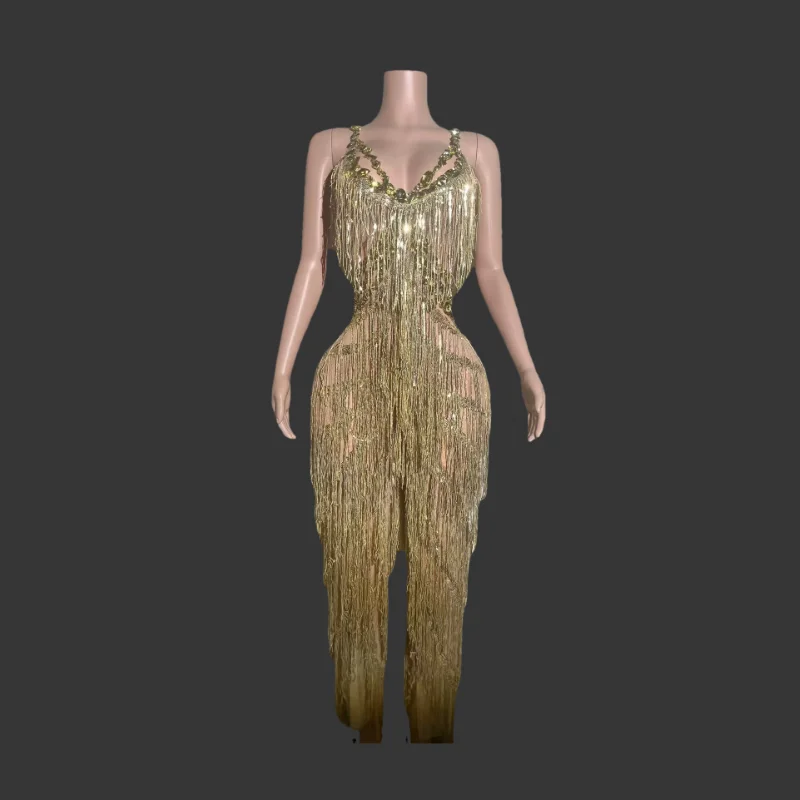 

Women Sparkly Glod Rhinestones Sequined Fringe jumpsuit Sexy Nightclub Party Birthday Outfit Show Singer Stage Perform Costume