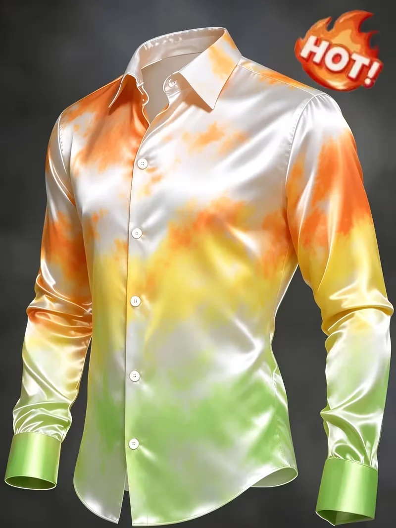 New white orange yellow green gradient tie dye 3D printed long sleeved shirt, fresh and energetic men's casual shirt