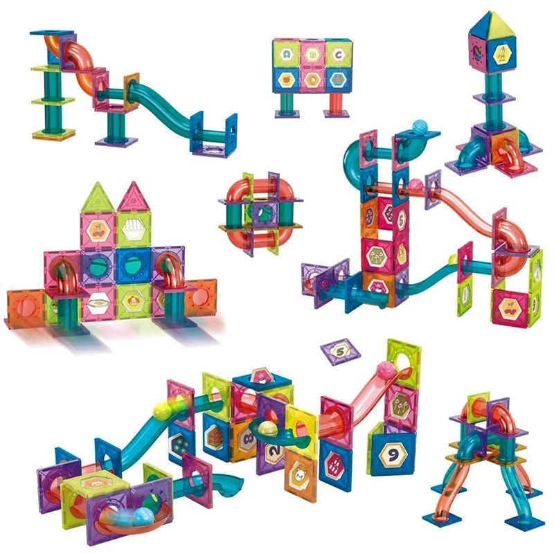 Piastrelle magnetiche 77 pezzi Blocchi magnetici per tubi per bambini Blocchi magnetici 3D Set di piastrelle con 8 biglie colorate STEM Toy