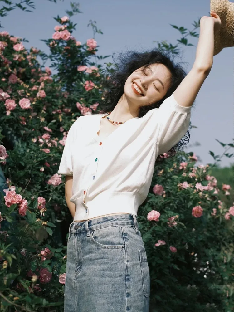 Korean Sle Sweet Personali V-Ne Bubble Sve Knitted Sweater Women Summer Faionable Slimming Thin Ice Silk Open Card...