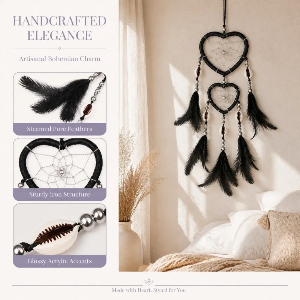 15.75inch Dream Catcher Wall Decor Black Boho Aesthetic Handmade Dream Catcher Net Craft Heart-Shaped Hanging Dream Catcher