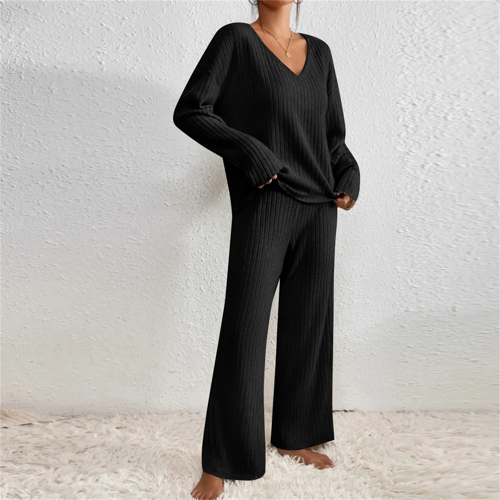 New Women's Fashion Casual Straight Leg Pants Loose V-neck And Pit Stripe Knitted Long Sleeved Pants Two-piece Set