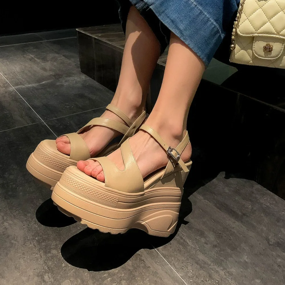 Summer 2026 Chunky Sandals Women's Wedge Heels Slides 14CM High Heels Leather Casual Woman Beach Thick Bottom Flip Flops