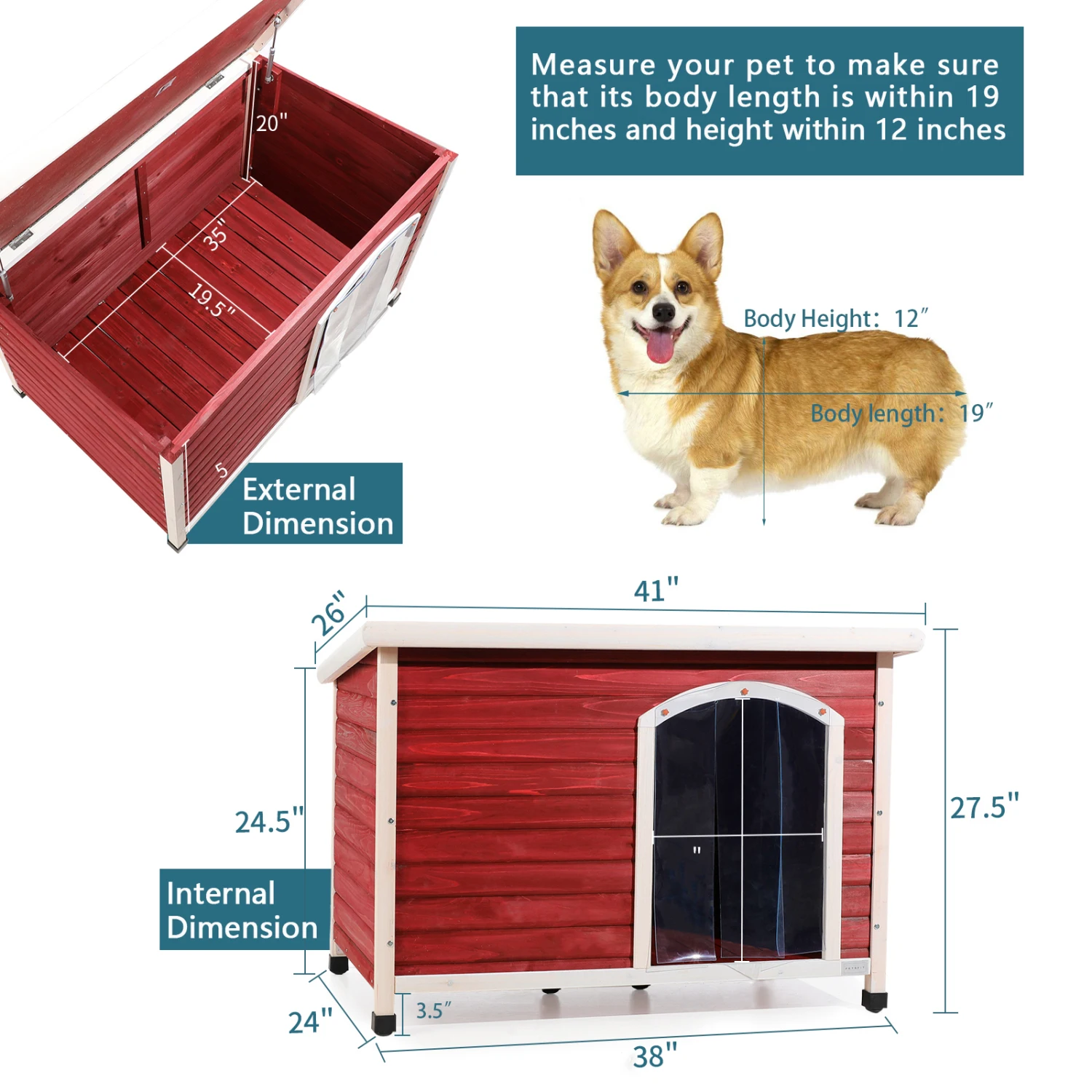 

Wooden Outdoor Dog House, Waterproof Roof, Elevated Floor, Adjustable Feet, Red