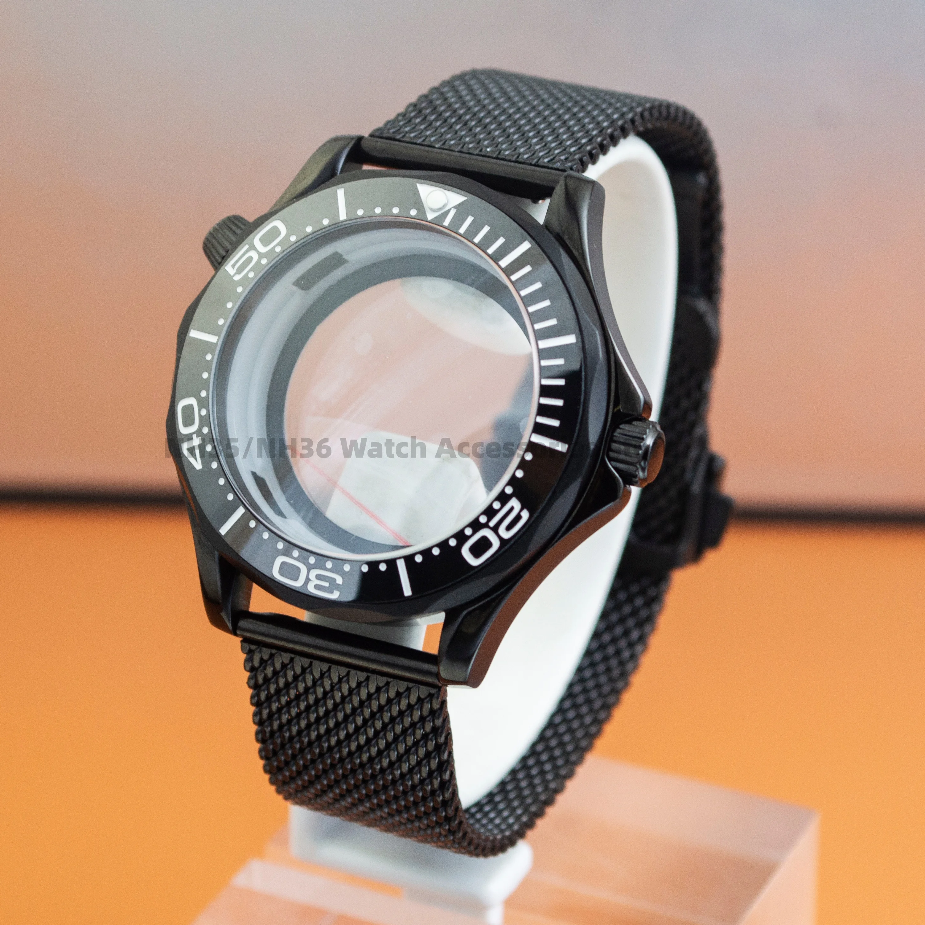 

Black NH35 Watch case for Seamaster 300 Watch Case Stainless Steel Milan Steel Mesh Strap fit NH35 NH36 Movement 41MM Case Parts