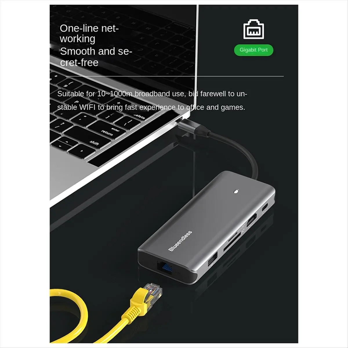 

A46U Blueendless Алюминиевый USB-C хаб 10-в-1 с поддержкой 4K 60Hz, Type-C HDTV, 100W с PD для MacBook Pro, аксессуары, корпус для SSD