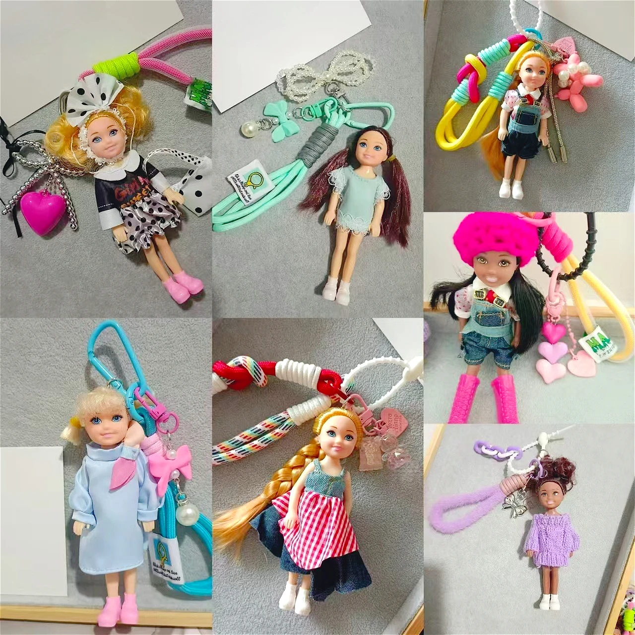 Sweet-Cute Multi-Style Fashion Doll Keychain with Diverse Outfits Heart/Bowknot Pendant Colorful Woven Lanyard Bag Accessory for