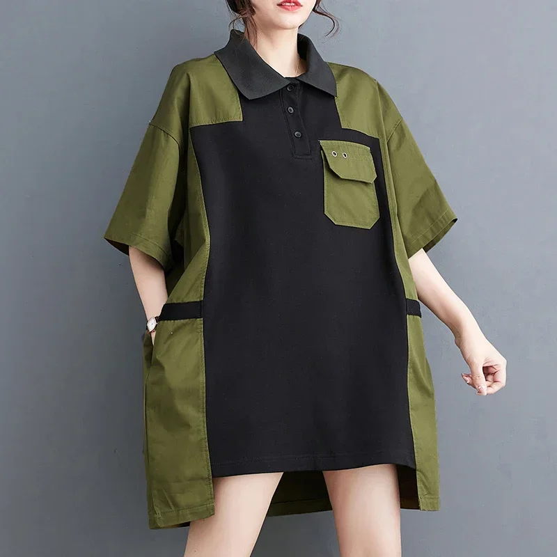 Large Size Women's Military Shirt Polo Tunic Oversized Short Sleeve Color Scheme Summer Casual Wear Loose Fit Tops