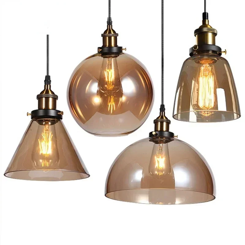 

Vintage Pendant Lights American Amber Glass Pendant Lamp E27 Edison Light Bulb Dinning room Kitchen Home Decor Planetarium Lamp