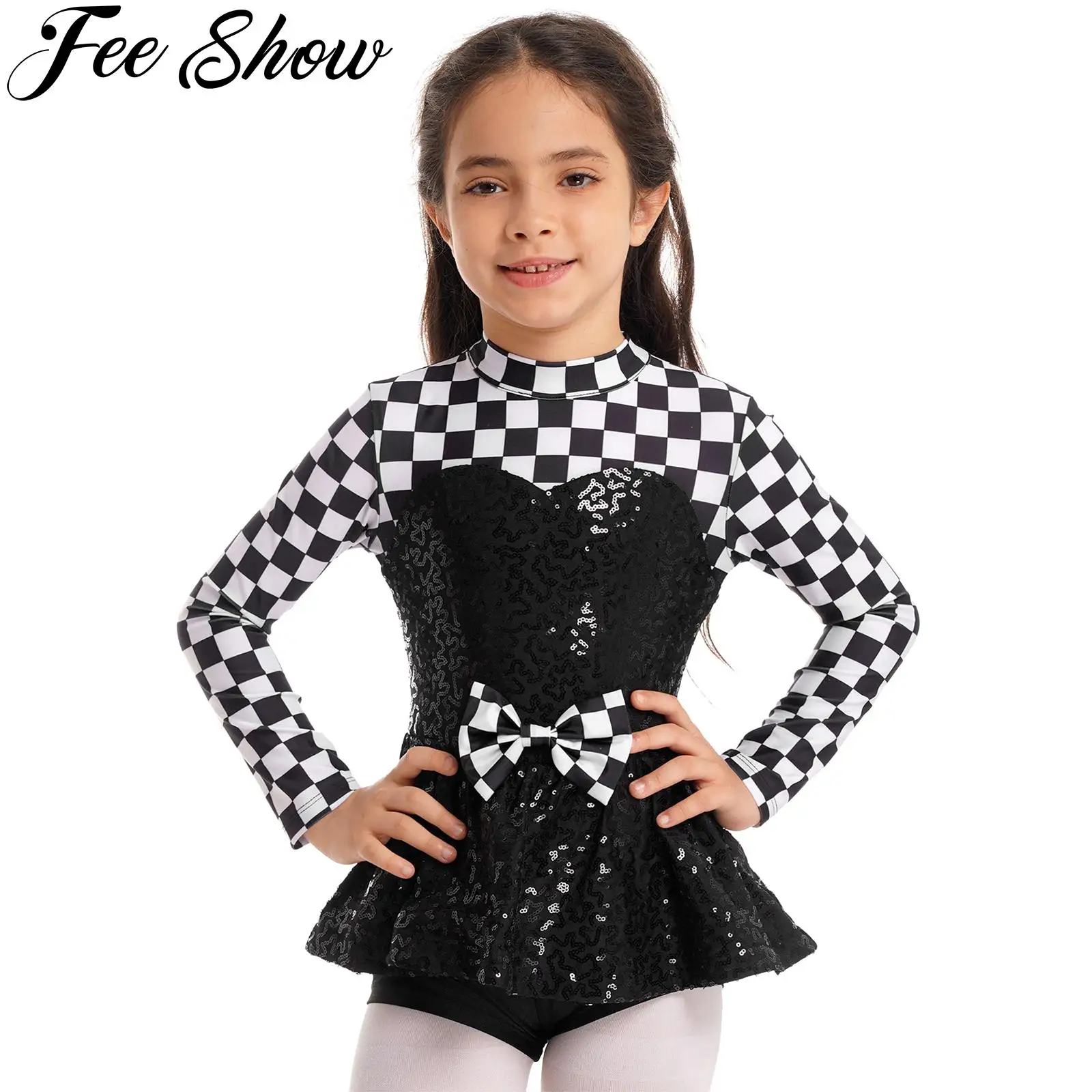 Kids Girls Racer Halloween Cosplay Performance Costume Long Sleeve Sequin Checkerboard Printed Bowknot Keyhole Back Bodysuit