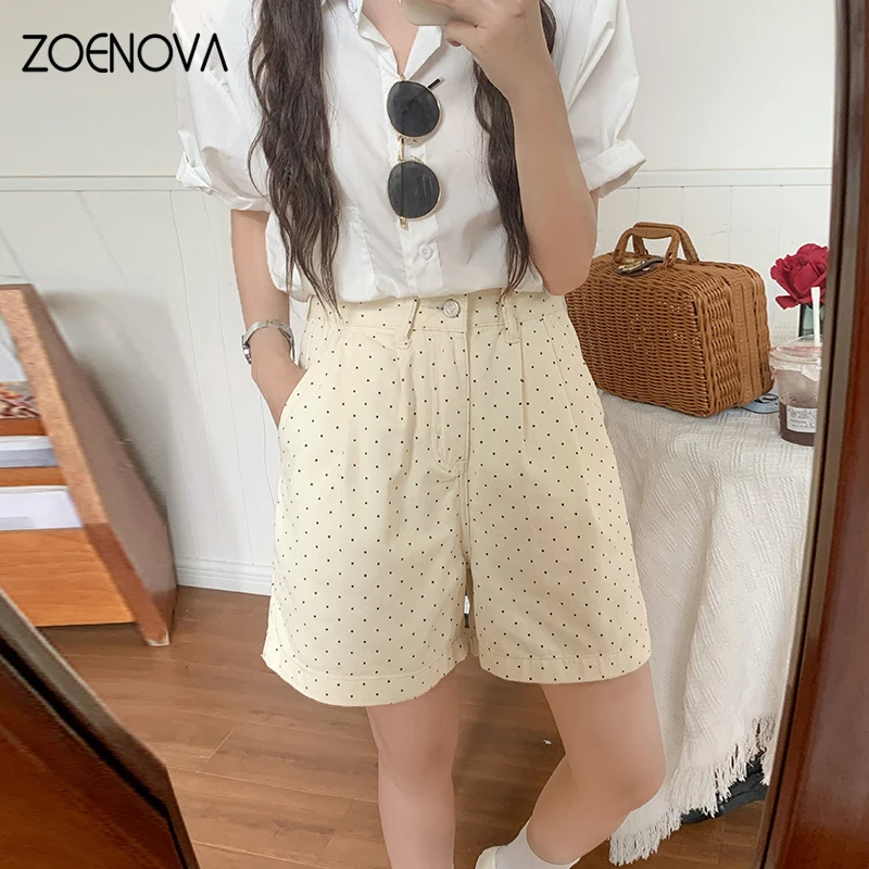 ZOENOVA Harajuku Street Fashion Lady Apricot Polka Dot Shorts Summer Cool Girls Y2K High Waist Loose Wide Legs Five Level Jeans