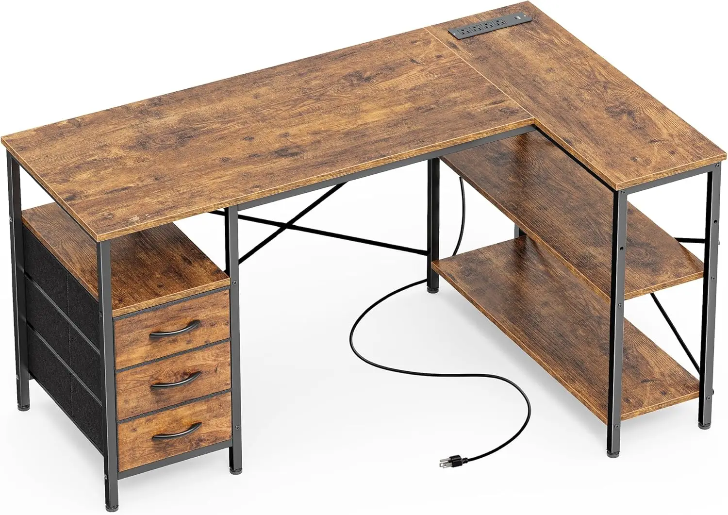 

L Shaped Desk with Power Outlets, 47" Computer Desk with 3 Drawers & Shelves, for Home Office Gaming, Rustic Brown