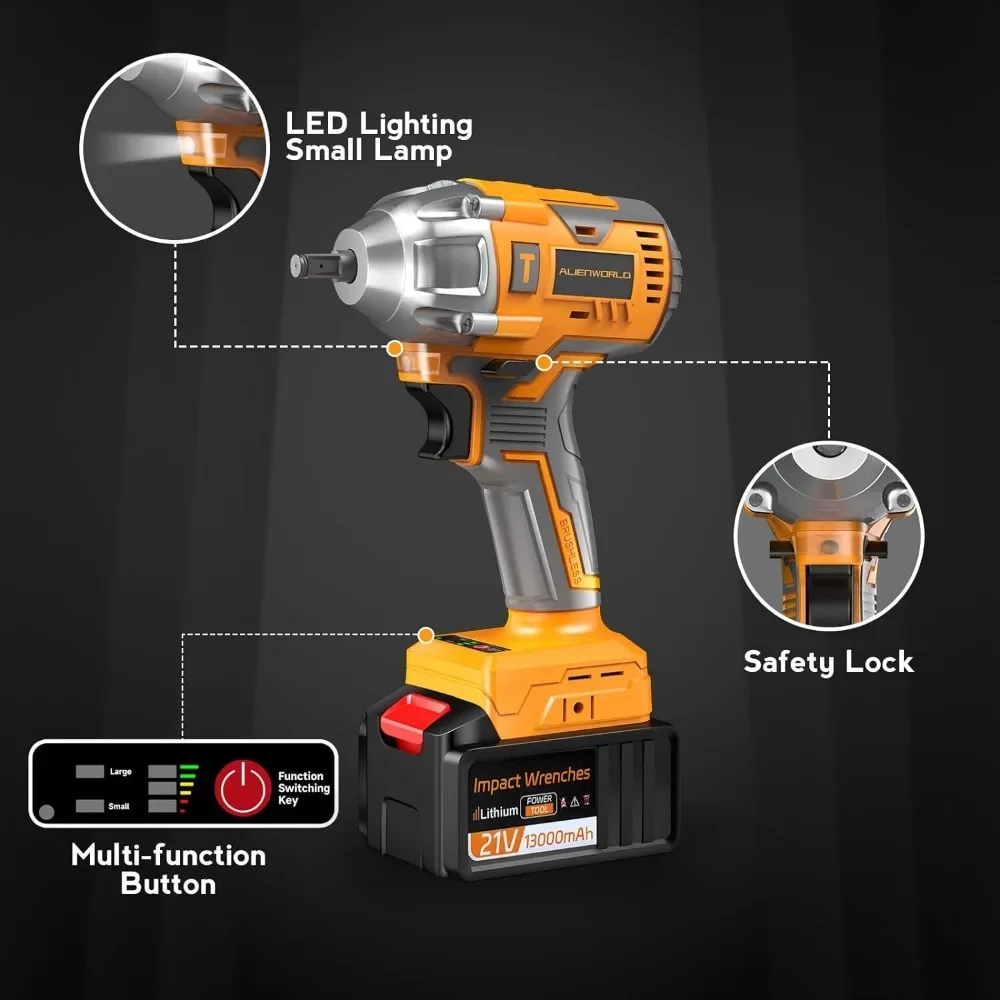 Llave de impacto inalámbrica, pistola de impacto eléctrica inalámbrica de 1/2 pulgadas, controlador de impacto sin escobillas, alto par, con batería