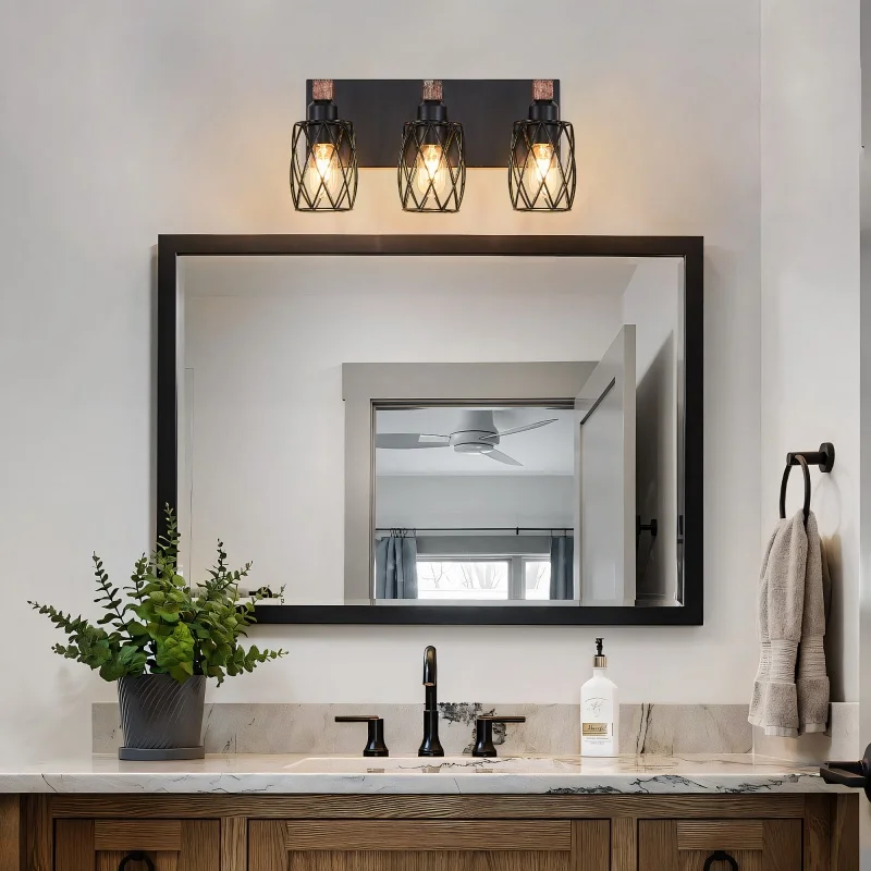 

3-Light Bathroom Vanity Light, Farmhouse Black Wall Sconce with Metal Cage Shade & Wood Accent, Industrial Wall Mounted Bathroom Light Fixture Over Mirror, E26 Base, 110-120V, No Bulb Included