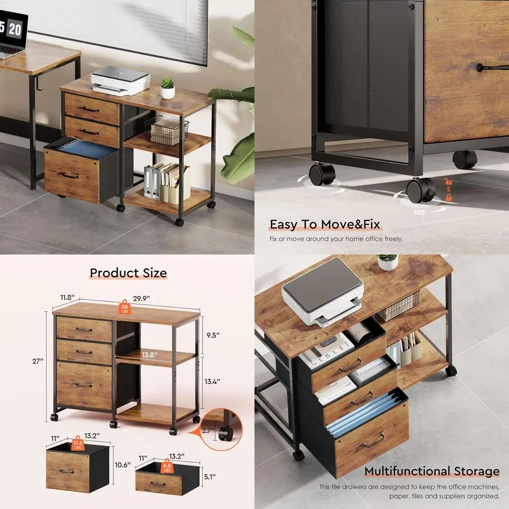 

Коричневый шкаф для документов в деревенском стиле с 3 ящиками на колесах, подставкой для принтера и открытым хранилищем для домашнего офиса
