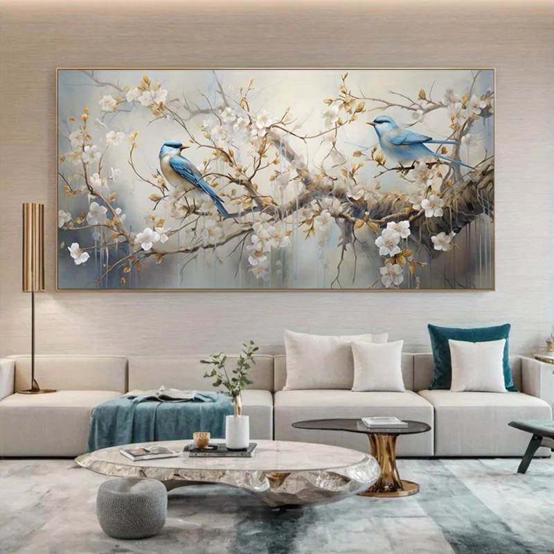 Frameless Canvas  Modern Abstract Blue Hawk Eye Sail Painting, Elegant Bird and Flower Design, Perfect for Living Room, Bedroom,