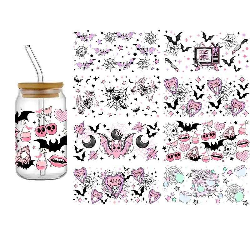 UV DTF Transfer Sticker Halloween 16oz Libbey Glasses Wraps Bat Design Cup Can DIY Waterproof Easy To Use Custom Decals