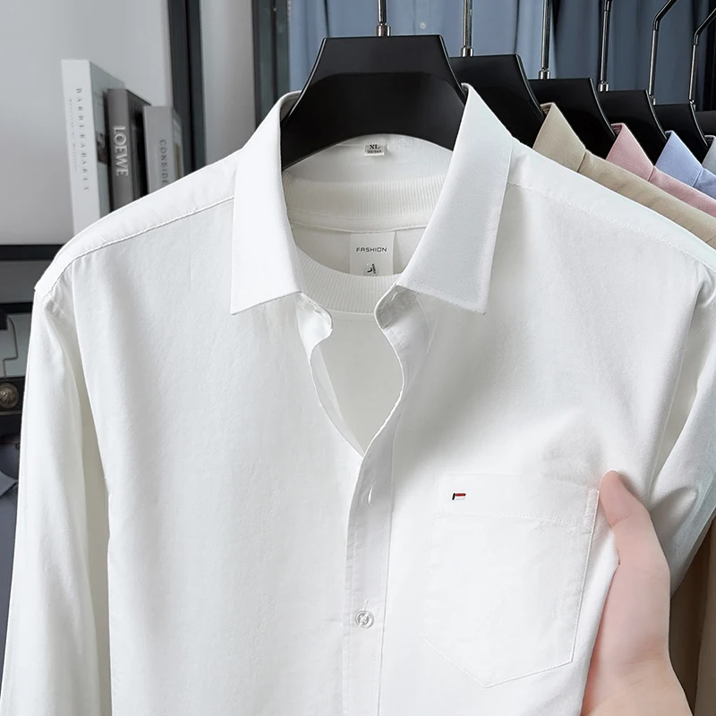 100% Cotton Men's Long Sleeve Shirt High-Quality Brand Embroidered Pocket Fashion New Luxurious Business Casual Solid Color Top